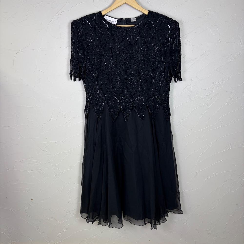 Vintage Laurence Kazar Beaded Silk Dress Large Cocktail Party Black Large